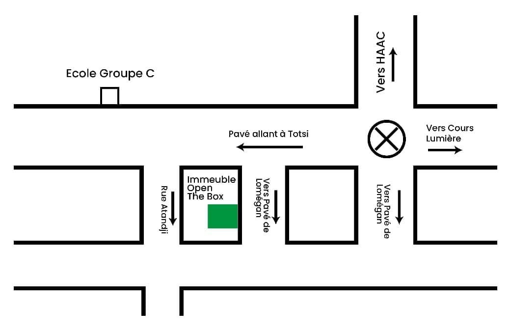 Plan d’accès à l’immeuble Open the Box, rue Atandji, dans le quartier Agbalépédo à Lomé.